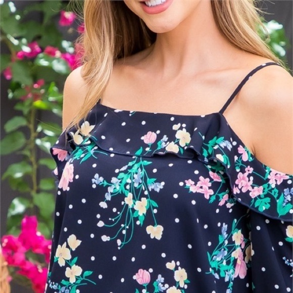 NEW COLD OFF SHOULDER POLKA DOT RUFFLE DETAIL SPAGHETTI‎ STRAP FLORAL NAVY TOP - Picture 5 of 10